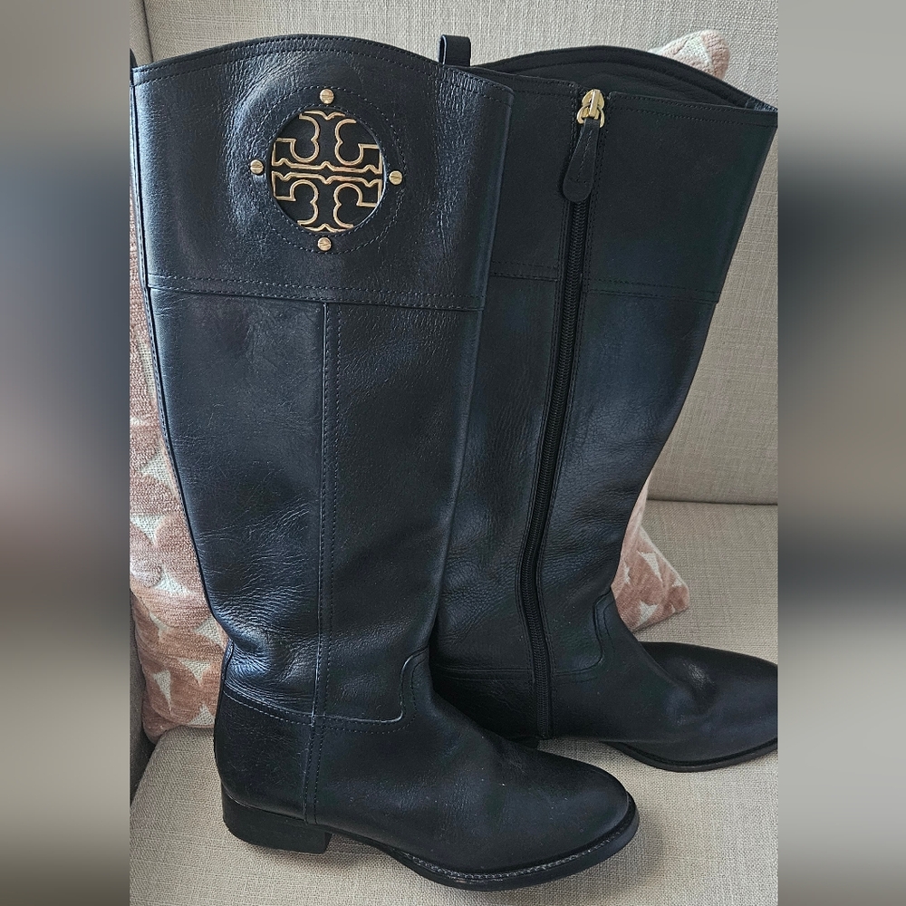 Authentic Tory Burch Black Leather Riding Boots with Gold Logo